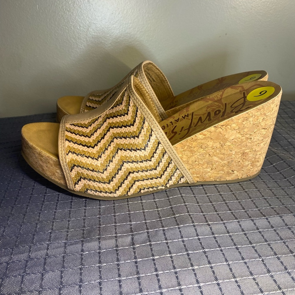 Blowfish Tan and Cream Wedge Sandals